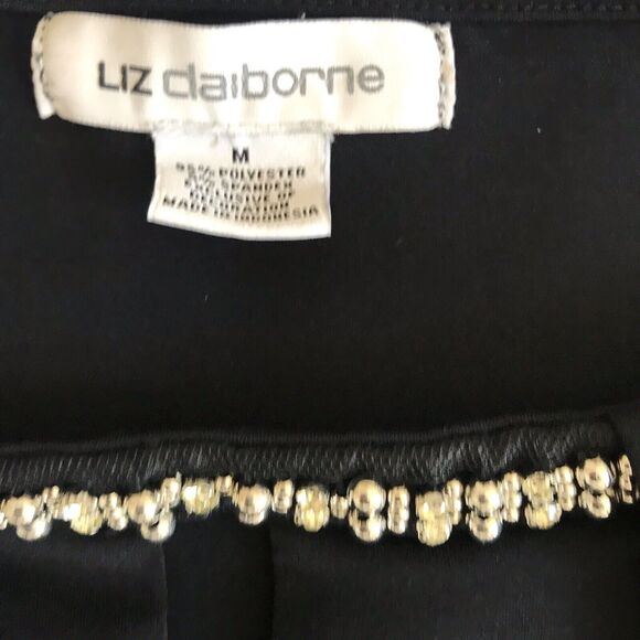 Liz Claiborne Dressy Top Women's Size M Black Keyhole Neck w/ Beads Long Sleeve - Picture 2 of 11
